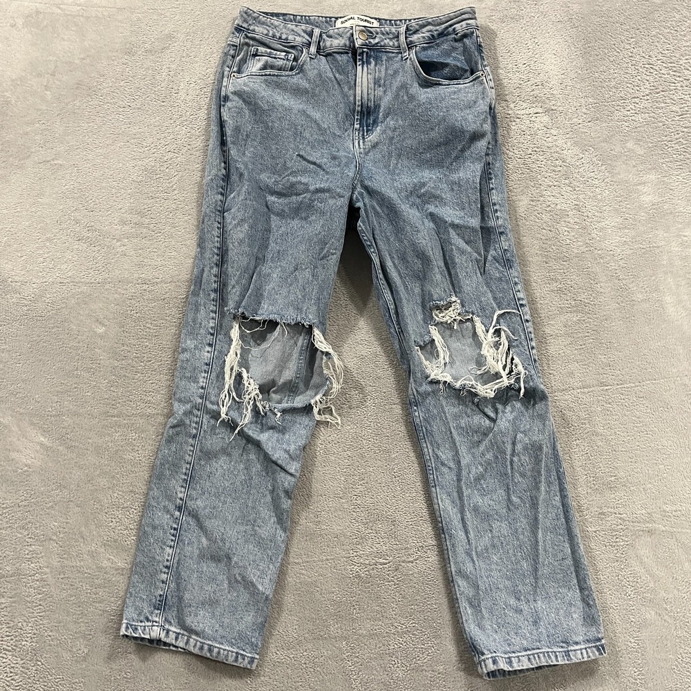 Social Tourist High Rise Straight‎ Jeans 15S W32 Distressed Light Wash Denim Y2K